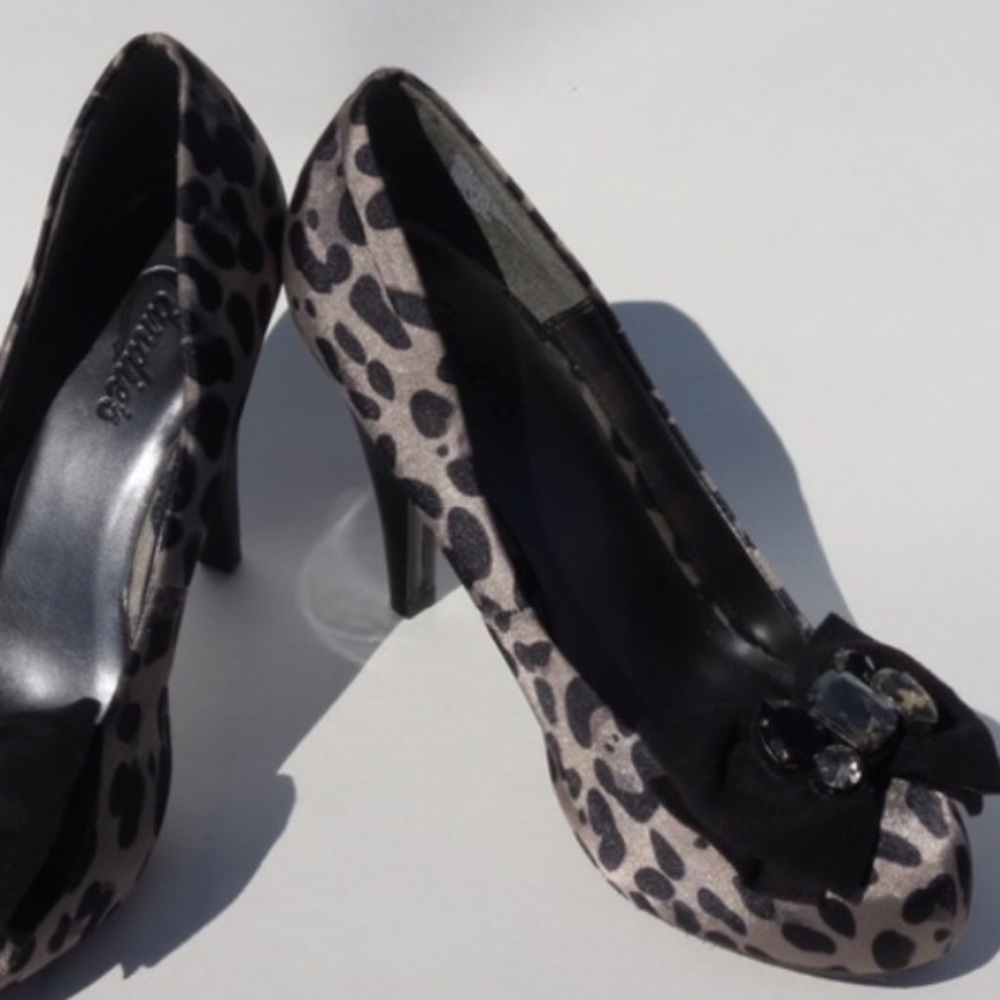Candies bow leopard print satin finish heels